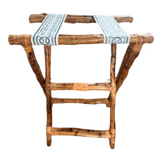 Vintage Bamboo Folding Luggage Rack With Blue & White Greek Key Straps For Sale