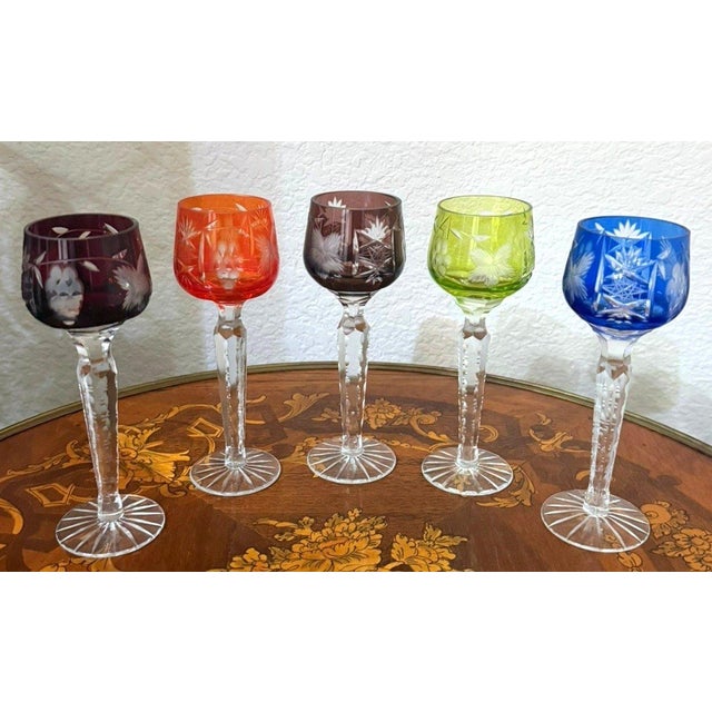 Beautiful vintage Bohemian/Czech cut-to-clear crystal cordial glasses, offered as a harlequin set of five in rich assorted...