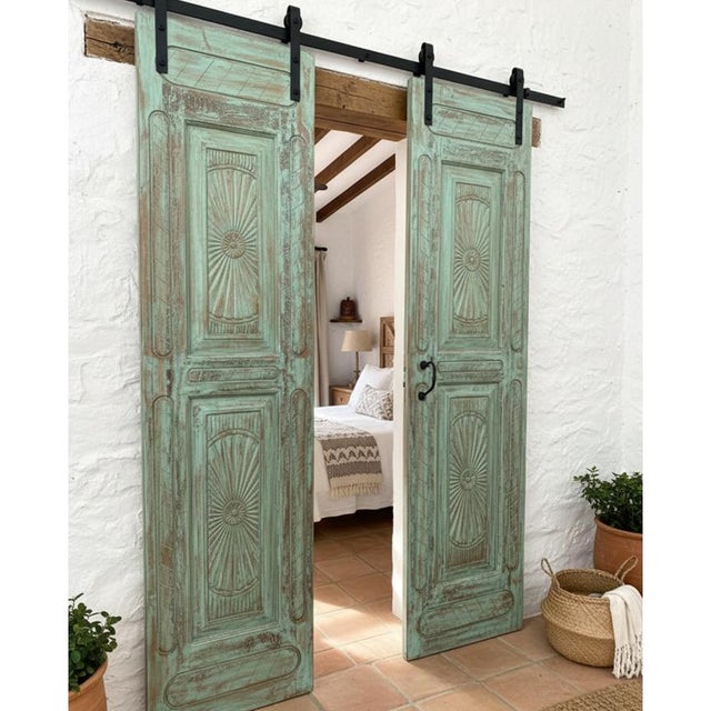 Blue Vintage Spanish-Style Carved Wood Barn Door – Solid Wood Sliding Statement Door 96x27 For Sale - Image 8 of 8
