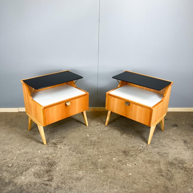 Pearwood Bedside Tables with Black and White Glass Tops from WK Möbel, 1950s, Set of 2 For Sale - Image 15 of 15