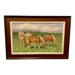 Vintage “Four Horses” Pastoral Oil Painting on Board By: Aage Roose
