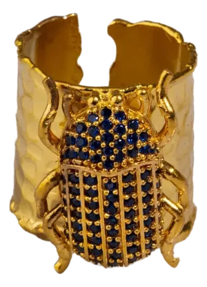 Egyptian Symbol Scarab Beetle Sapphire & Gold Chunky Ring, Size 4