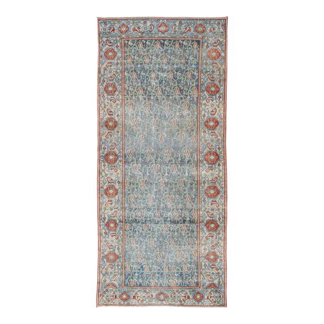 Wide Persian Malayer Runner With All-Over Floral Pattern in Persian Blue Color 4'1 X 9'10 For Sale