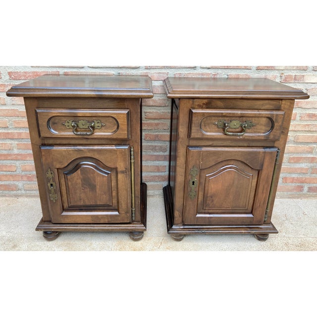 1950s Pair of Spanish Wooden Bedside Cabinets With Drawer and Door, Mid 20th Century For Sale - Image 5 of 9