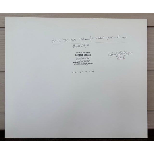 Printmaking Materials Barbara Morgan Signed Original Silver Gelatin Photograph “Louise Kloepper Statement of Dissent 1938” With Provenance Mounted on Board For Sale - Image 7 of 12