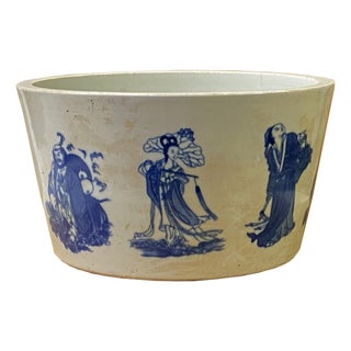 Vintage Finish Off White Blue Immortal Graphic Porcelain Round Pot Planter For Sale