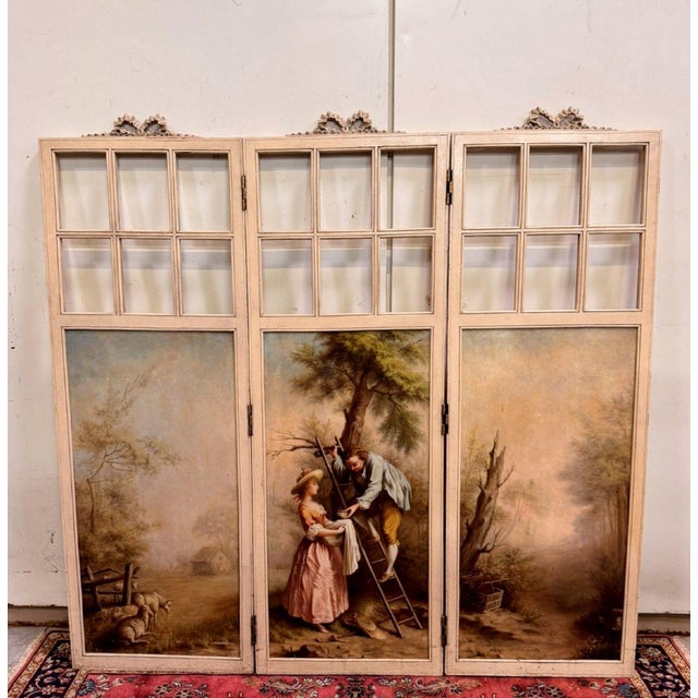Wood Louis XVI Three-Panel Screen with Romantic and Landscape Decorations, 1930s For Sale - Image 7 of 10