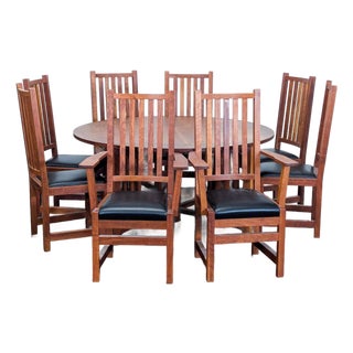Thos Moser Cherry Wood 9-Piece Extendable Dining Set With Black Leather Seats For Sale