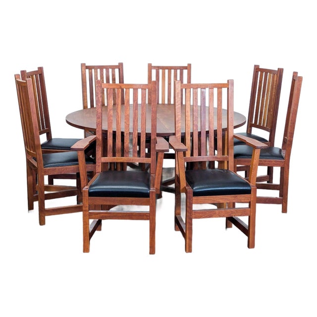 Thos Moser Cherry Wood 9-Piece Extendable Dining Set With Black Leather Seats For Sale