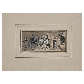 Edmond Morin, Bicycle Race, Ink & Waterolor on Paper, 19th Century For Sale