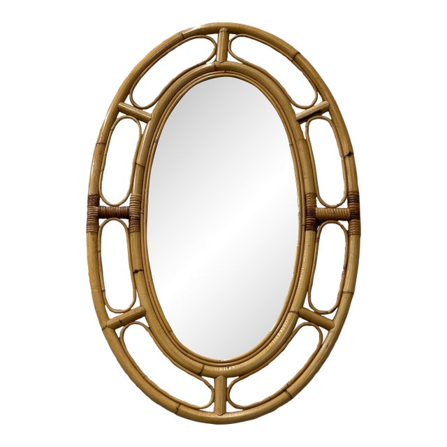 1970s Bamboo and Rattan Oval Wall Mirror For Sale