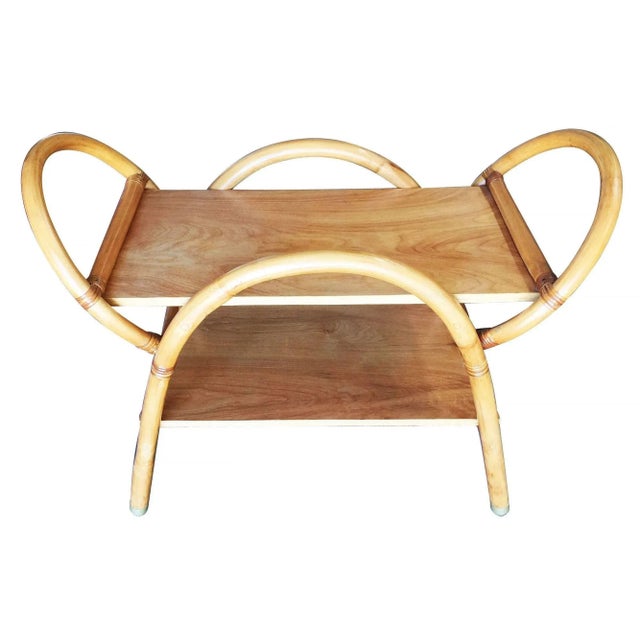 Mid-Century Modern Restored Free-Form "Arches" Rattan Bar Cart W/ Mahogany Top For Sale - Image 3 of 11
