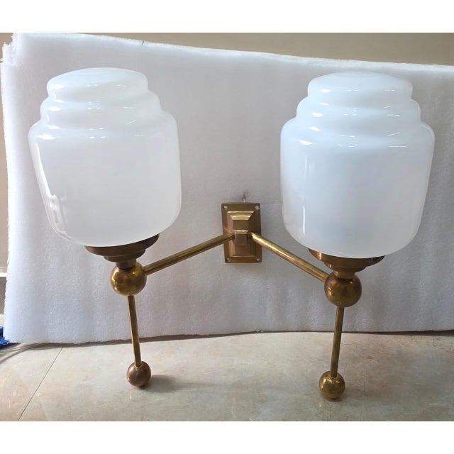 Art Deco Vintage Art Deco Light Old Lamp Wall Sconces Fixture Brass & Skyscraper Milk Glass Shade Ship Light For Sale - Image 3 of 7