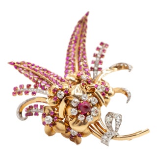 1940s Retro 18k Platinum Diamond Ruby Flower Fur Clip For Sale
