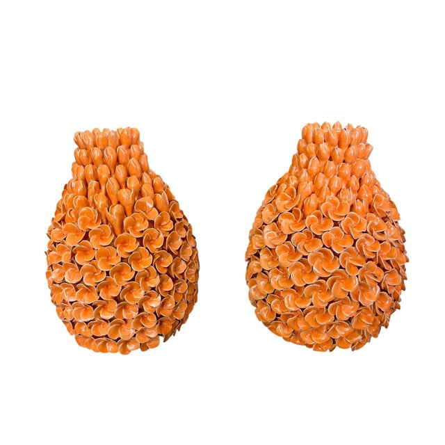 Italian Pair of Vintage Mid-Century Italian Glazed Ceramic Trompe l'Oeil Floral Vases For Sale - Image 3 of 12