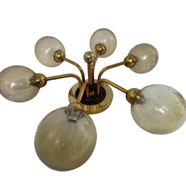 Mid Century Modern / Atomic Age Sputnik Pendant Lamp with 6 Patterned Glass Shades from VEB Germany For Sale - Image 3 of 11