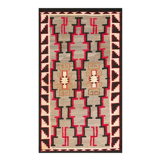 1920s Gray Geometric Tribal Antique American Navajo Rug 4' 9" X 8' 2" Flatweave Wool Carpet For Sale