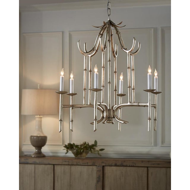 Antique silver with antique patina-6 lights. Comes ready to hang with 5" canopy and 76" of chain. 28h x 27w x 27d