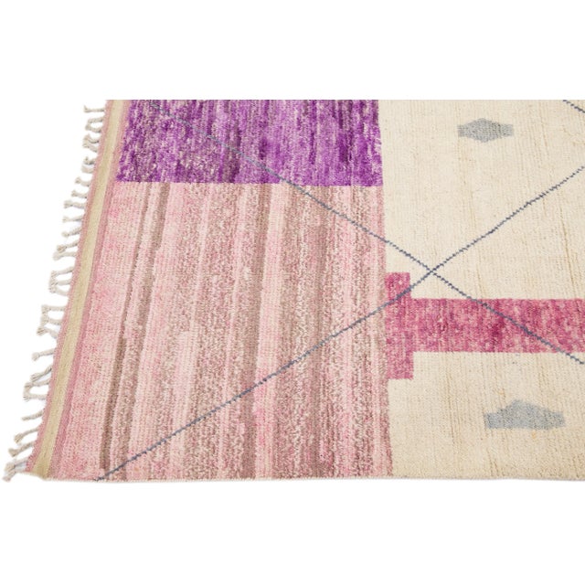 7 X 10 Modern Moroccan Tribal Handmade Wool Rug in Beige and Purple For Sale - Image 9 of 10
