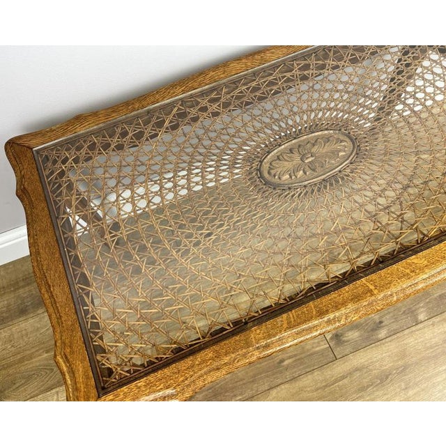 Vintage French Carved Oak Coffee Table with Glass Top For Sale - Image 6 of 14