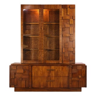 Lane Staccato Vintage Two Piece Mid Century Modern China Cabinet Buffet and Hutch C. 1970s For Sale