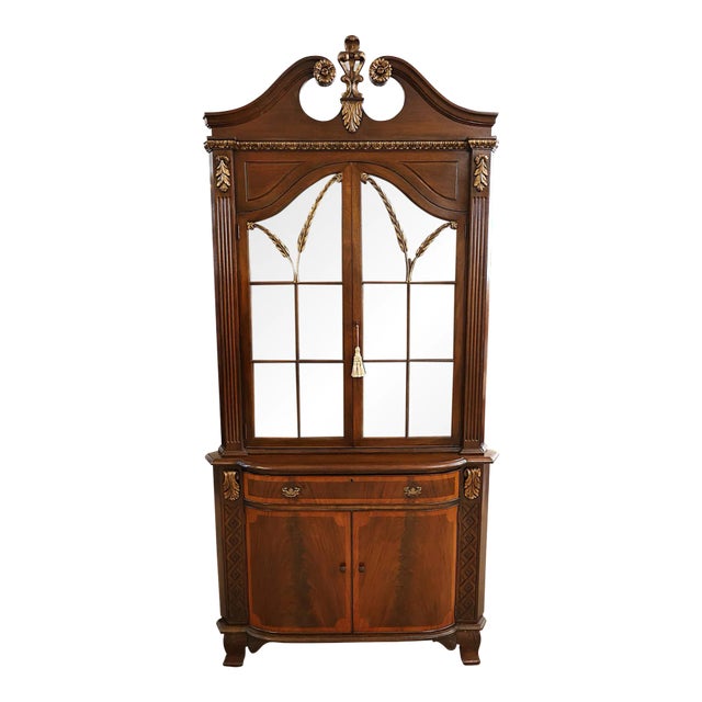 1950s English Regency Style Solid Flame Mahogany Corner Cabinet For Sale