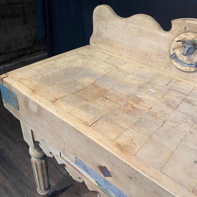 Antique French Butcher’s Block Table With Bull’s Head Mount and Rare Paris Label For Sale In Portland, ME - Image 6 of 18