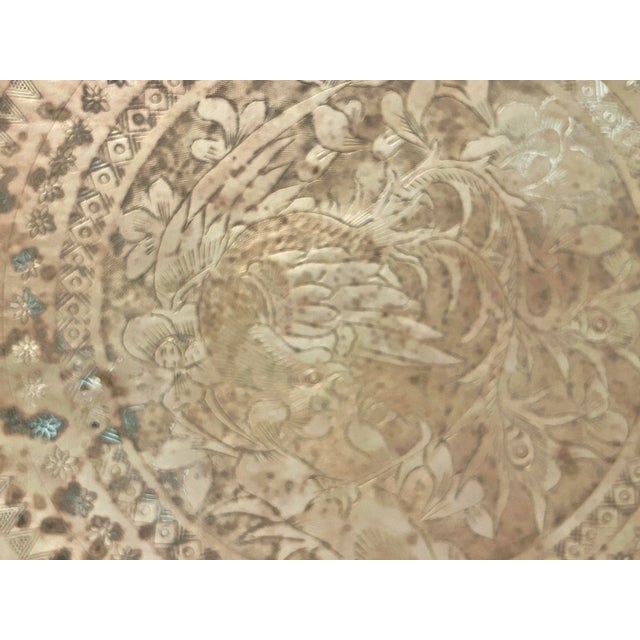 Early to Mid 20th Century Round Rattan and Wicker Table With Moroccan Etched Brass Tray Top For Sale - Image 9 of 12