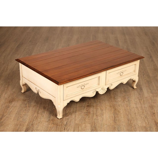 High Quality American Made Carved and Painted Storage Coffee or Cocktail Table with Two Drawers on Either Side, Distressed...