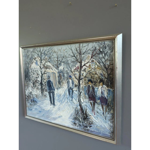 Mid 20th Century Mid-Century Modern 'Winter Lane' Vintage Swedish Expressive Village Street Scene Oil Painting, Framed For Sale - Image 5 of 11