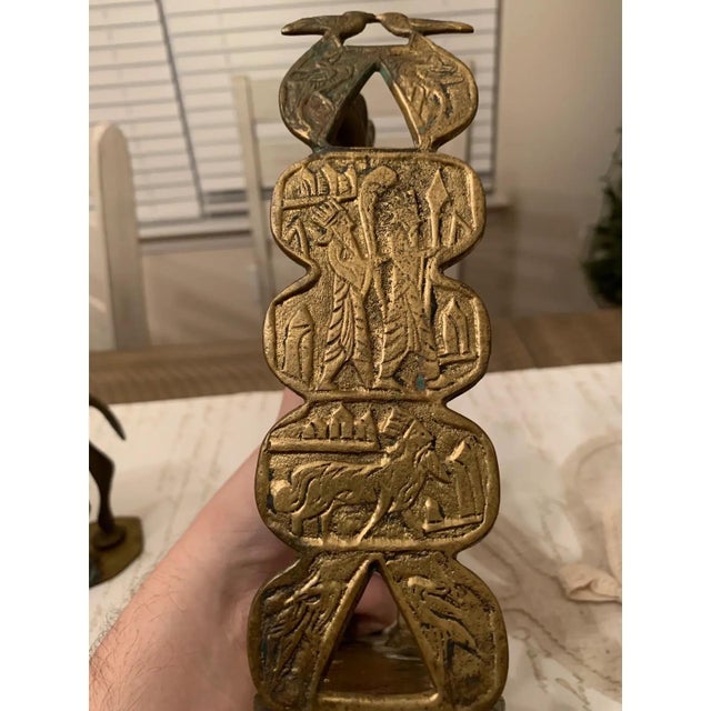 Mid 20th Century Vintage Mid-Century Brass Camel Bookends With Ornate Hieroglyphs and Symbols - a Pair For Sale - Image 5 of 12
