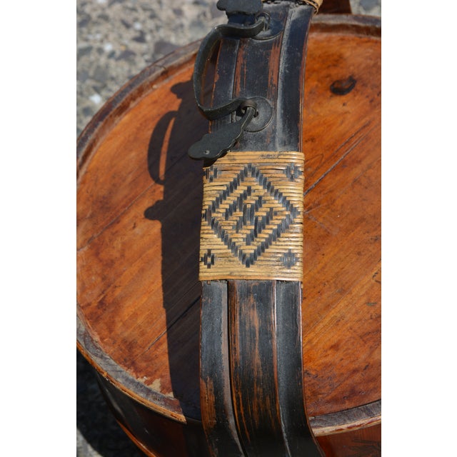 Vintage Asian Black & Brown Bamboo / Wood 3 Tier Wedding Basket With Painted Sides & Top Scene For Sale - Image 11 of 17