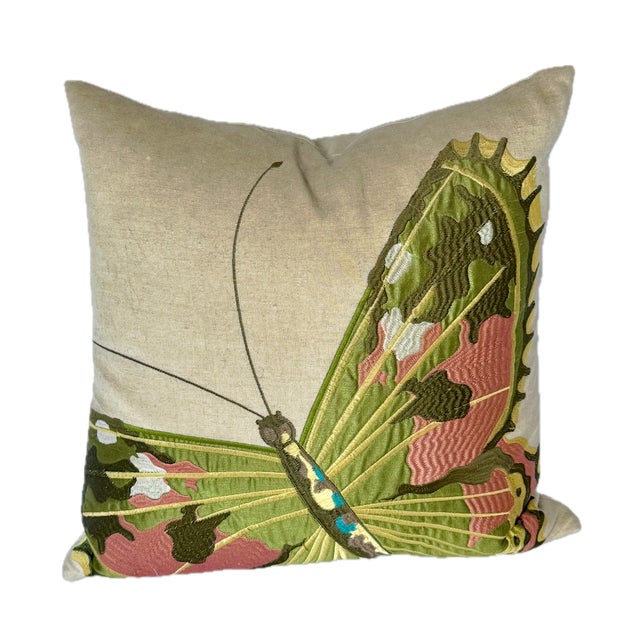 Vintage Silk Embroidered Butterfly Linen Pillow | Chairish