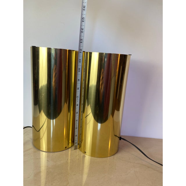Pair of Vintage Brass Cylinder Table Lamps in the Style of Robert Sonneman, 1970s Modernist Uplights For Sale - Image 9 of 10