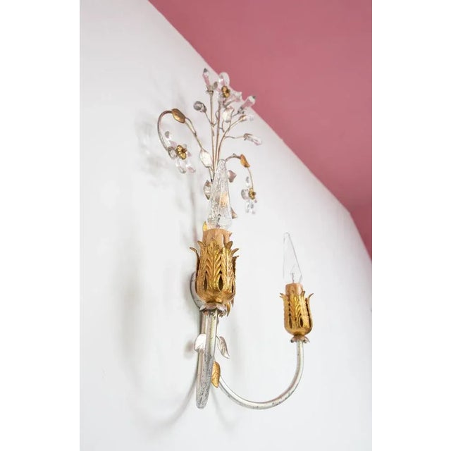 Italian Wall Light in Silver and Gold Metal with Flowers, 1980s For Sale - Image 3 of 8