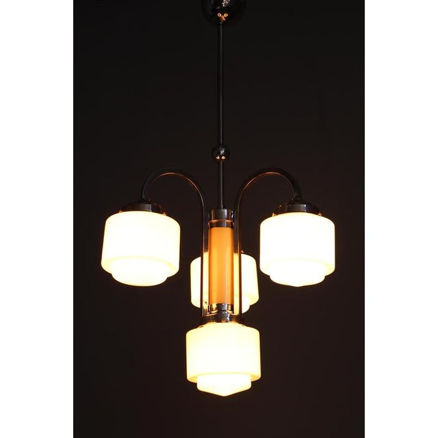 Art Deco Nickel Pendant Light with Cream Glass Cylinders, 1930s For Sale - Image 14 of 15