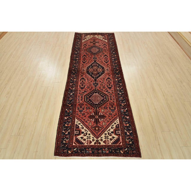 Cabin Hamedan Runner 3’7” X 9’7” Red Wool Vintage Tribal Hand-Knotted Oriental Rug For Sale - Image 3 of 14