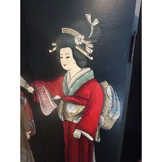Vintage Chinoiserie Hand-Painted, Double-Sided 48”x48” Folding Screen For Sale In New York - Image 6 of 8
