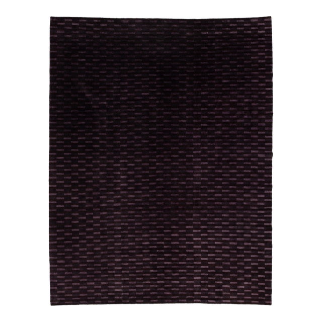 Modern Tibetan Wool and Silk Rug in Deep Plum, Minimalist Geometric Design For Sale