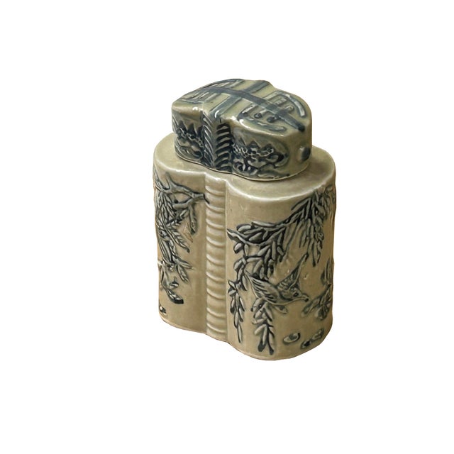 Cream Celadon Porcelain Blue Flower Graphic Cylindrical Container For Sale - Image 4 of 12