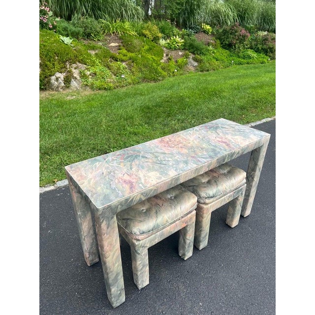 Jean Michel Frank Adolphe Chanaux Mid-Century Modern Parsons Console Table With Upholstered Ottomans For Sale - Image 4 of 18