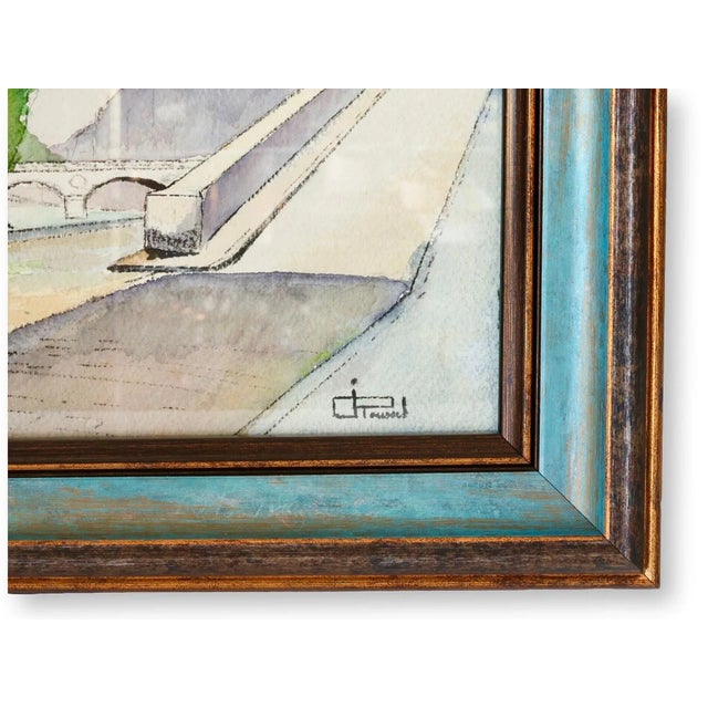 A peaceful midcentury French village still life, rendered in soft watercolor washes with charming architectural details...