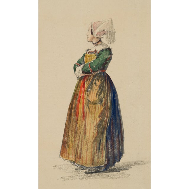F. Perrot, Girl in French Costume, 19th-Century, Pencil For Sale