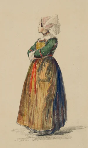 F. Perrot, Girl in French Costume, 19th-Century, Pencil
