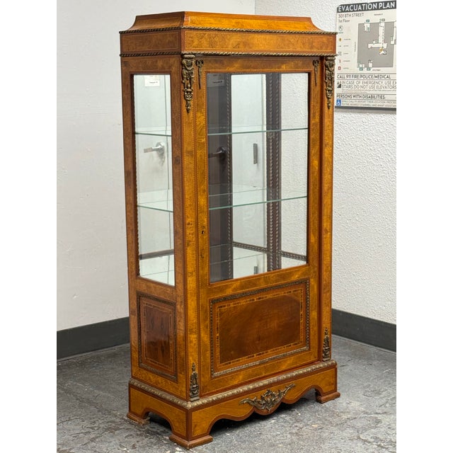 French Louis XVI Style Marquetry Vitrine Display Cabinet, Vintage For Sale - Image 3 of 12