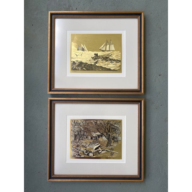 Traditional Pair of Framed Lionel Barrymore Gold-Etch Prints “Nantucket” & “Shoreside Farm” For Sale - Image 3 of 12