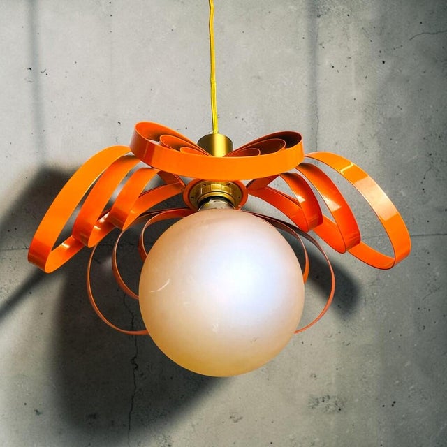 Modern Modernist French Orange Metal Ribbon Hanging Lamp, 2000s For Sale - Image 3 of 14