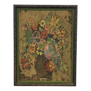Vintage Signed Floral Still Life Mixed Media Painting on Textured Board in Ornate Frame Possible Batik Print. For Sale
