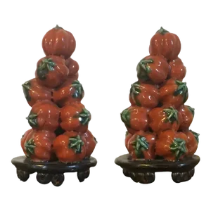 Antique 19th Century Chinese Export Porcelain Altar Fruit Pyramids of Stacked Persimmons - A Pair