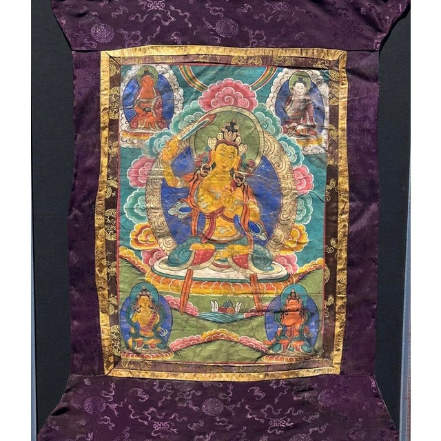 Early 19th Century Antique 19th Century Tibetan Manjushri Thangka – Bodhisattva of Wisdom in Custom Silver Gilt Frame For Sale - Image 5 of 18